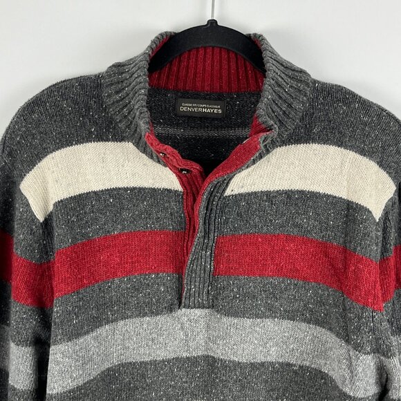 Denver Hayes Sweater Size L Gray Red Long Sleeve 1/4 Collared Acrylic Cotton - Picture 2 of 9